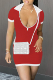 Red Sexy Casual Solid Patchwork Zipper Collar Short Sleeve Dress