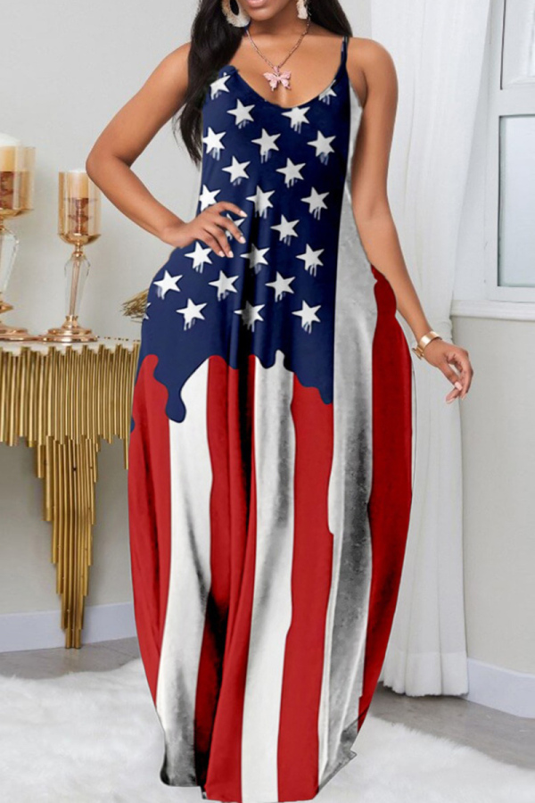 Deep Blue American Flag Stars Street Print O Neck Sleeveless Floor Length Lantern Skirt Colorblock Loose Cami Maxi Dress