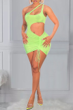 Fluorescent Green Sexy Solid Hollowed Out Halter Pencil Skirt Dresses