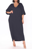 Black Fashion Casual Solid Basic V Neck Long Dress