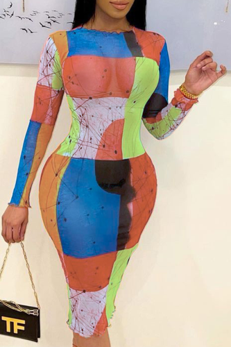 Turquoise Sexy Print Patchwork O Neck Pencil Skirt Dresses