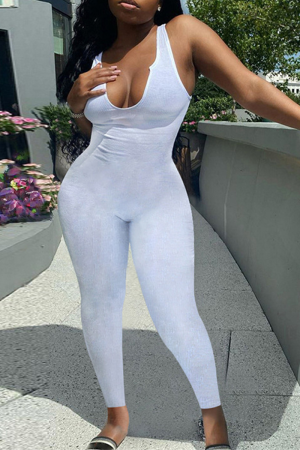 White Sexy Solid Split Joint U Neck Skinny Jumpsuits