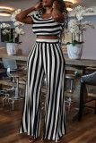 White Yellow Fashion Casual Striped Print Basic O Neck Short Sleeve Two Pieces