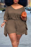 Khaki Casual Solid Patchwork V Neck Plus Size Two Pieces