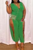 Green Sexy Solid Patchwork High Opening V Neck Plus Size Jumpsuits