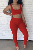 Red Casual Sportswear Solid Vests Pants U Neck Sleeveless Two Pieces