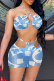 Blue Sexy Print Hollowed Out Backless Strap Design Strapless Sleeveless Two Pieces