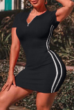 Black Sexy Casual Solid Patchwork Zipper Collar Short Sleeve Dress