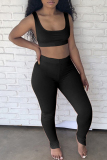 Black Casual Sportswear Solid Vests Pants U Neck Sleeveless Two Pieces