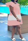 Pink Casual Patchwork Flounce O Neck Short Sleeve Dress