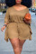 Khaki Casual Solid Patchwork V Neck Plus Size Two Pieces