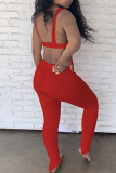 Red Casual Sportswear Solid Vests Pants U Neck Sleeveless Two Pieces
