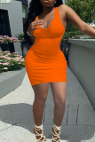 Orange Fashion Sexy Solid Basic U Neck Vest Dress