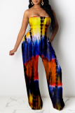 Yellow Sexy Patchwork Tie-dye Strapless Loose Jumpsuits