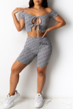 Grey Sexy Casual Letter Print Hollowed Out Strap Design O Neck Short Sleeve Two Pieces