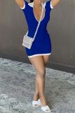 Blue Sexy Casual Solid Patchwork Zipper Collar Short Sleeve Dress