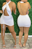 White Sexy Solid Hollowed Out Backless Halter Sleeveless Dress