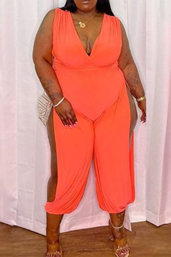 Orange Sexy Solid Patchwork High Opening V Neck Plus Size Jumpsuits