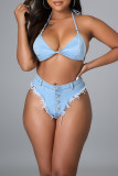 Light Blue Fashion Sexy Solid Backless Strap Design Halter Sleeveless Two Pieces Swimwears