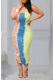 Yellow And Blue Sexy Print Split Joint Spaghetti Strap Pencil Skirt Dresses