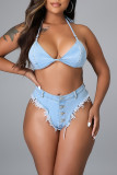 Light Blue Fashion Sexy Solid Backless Strap Design Halter Sleeveless Two Pieces Swimwears
