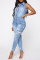 Baby Blue Fashion Casual Solid Ripped Turndown Collar Skinny Jumpsuits