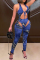 Blue Fashion Sexy Print Hollowed Out Backless Halter Skinny Jumpsuits