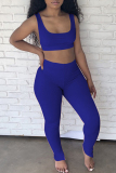 Blue Casual Sportswear Solid Vests Pants U Neck Sleeveless Two Pieces