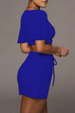 Royal Blue Casual Solid Patchwork U Neck Short Sleeve Two Pieces