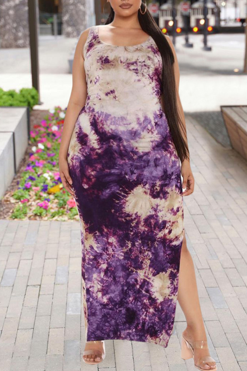 

Purple Fashion Casual Plus Size Print Tie Dye Slit O Neck Vest Dress