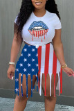 White Casual American Flag Stars Print O Neck Short Sleeve Skinny Tassel Shorts and T Shirt Set