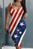 Blue Casual American Flag Stars Print U Neck Sleeveless Pencil Skirt Wrap Midi Dress
