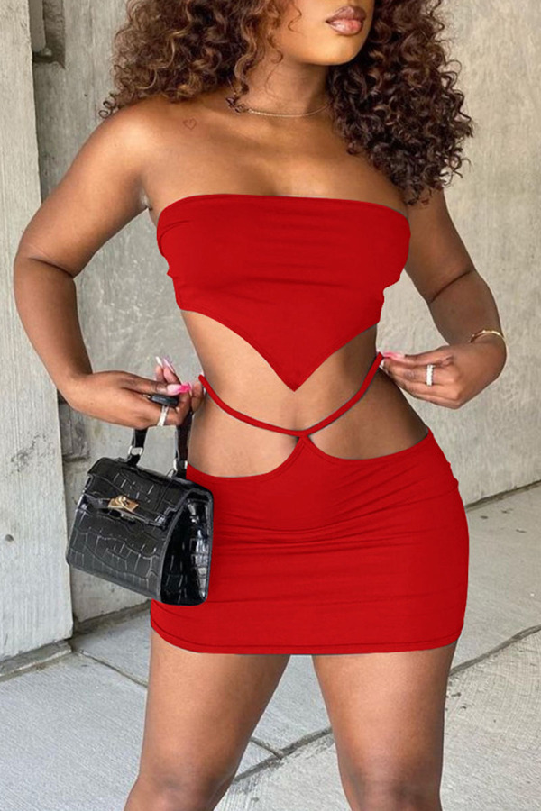 Red Sexy Solid Bandage Hollowed Out Patchwork Strapless Sleeveless Two Pieces