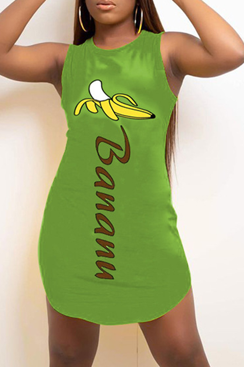 Green Fashion Casual Print Basic O Neck Vest Dress_DRESSES