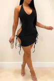 Black Sexy Solid Hollowed Out Backless Strap Design Halter Sleeveless Dress