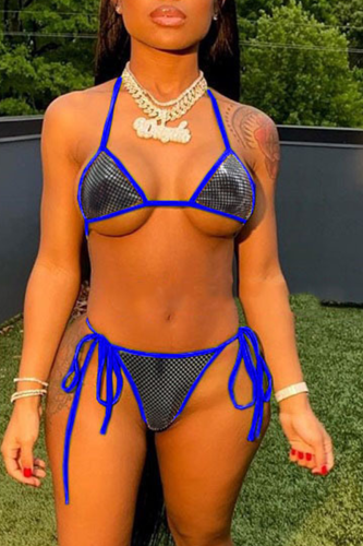 Blue Sexy Sweet Patchwork Draw String Swimwears