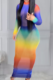 Rainbow Color Sexy Patchwork Tie-dye Half A Turtleneck Long Sleeve Bodycorn Pencil Skirt Maxi Dresses