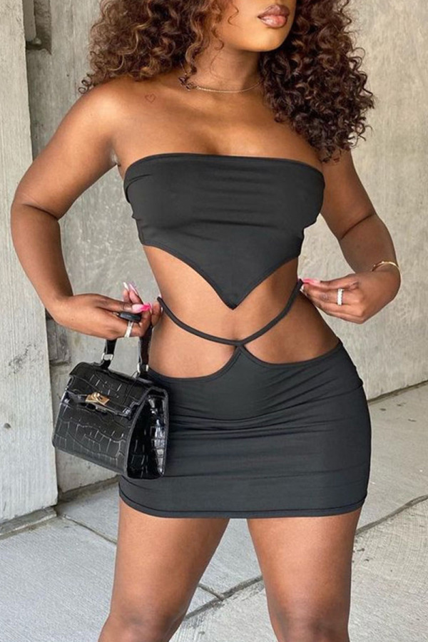 Black Sexy Solid Bandage Hollowed Out Patchwork Strapless Sleeveless Two Pieces