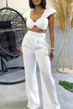 White Fashion Casual Solid Vests Pants Square Collar Two Pieces