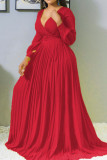 Red Sexy Fashion V-neck Long Sleeve Dress (Without Belt)