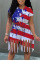 Red White Casual Print Tassel Patchwork O Neck Short Sleeve Two Pieces