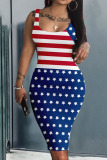 Blue Red Casual American Flag Stars Print U Neck Sleeveless Pencil Skirt Wrap Midi Dress