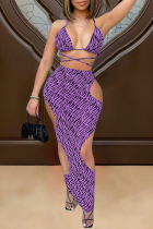 Purple Fashion Sexy Print Hollowed Out Backless Swimwears Three-piece Set