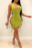 Green Sexy Solid Hollowed Out Backless Strap Design Halter Sleeveless Dress