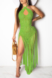 Fruit Green Crochet Sleeveless Backless Halter Crossover Hollow Out Vacation Beach Tassel Bodycon Maxi Dress