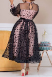 Black Fashion Sexy Patchwork Dot See-through O Neck Long Sleeve Dresses