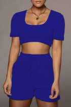 Royal Blue Casual Solid Split Joint U Neck Short Sleeve Two Pieces