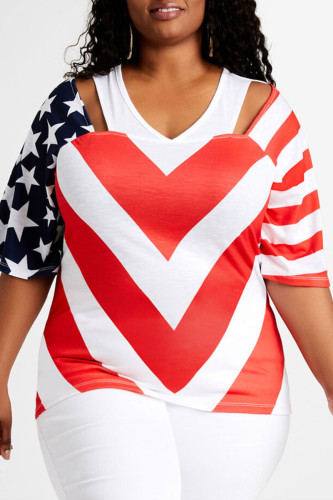 Multicolor Fashion Casual Print Hollowed Out Patchwork V Neck Plus Size Tops