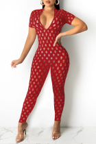 Red Fashion Sexy Solid Hollowed Out See-through V Neck Skinny Jumpsuits