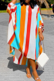 White Sexy Striped Patchwork O Neck Straight Plus Size Dresses